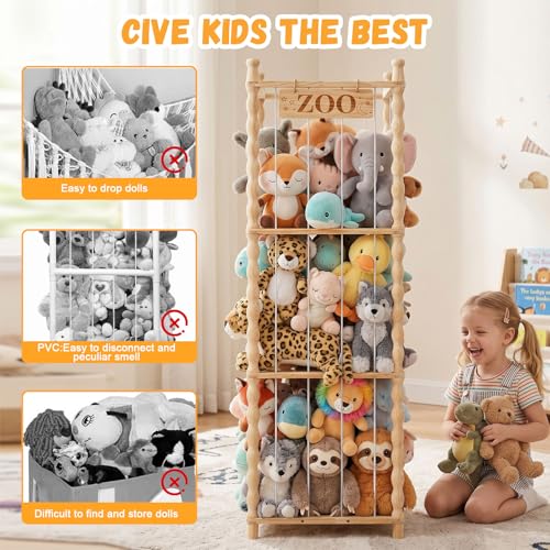 Stuffed Animal Storage Organizer, Wood Animals Zoo Toy Plushies Storage Holder with Cute Wave Design, Large Capacity Plush Toy Cage for Kids Room, Nursery & Playroom Organization(54" Tall)
