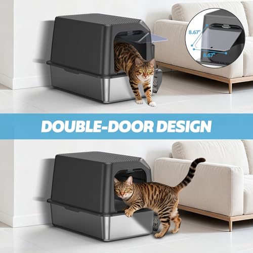 XL Stainless Steel Litter Box with Lid, Enclosed Cat Litter Box,Front Entry | XL for Big Cats, High Sides Enclosed Design, Anti-Urine Leakage, Non-Stick Odor-Free, Easy Clean, Reduce Litter Tracking - color: 10 - Dark Gray (Pack of 1)