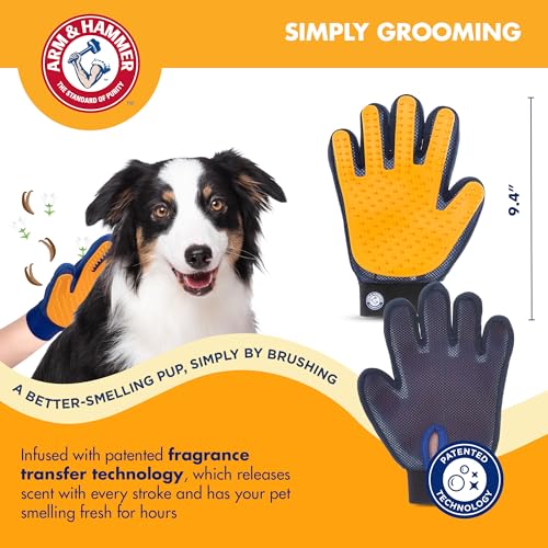 Arm & Hammer Deodorizing Dog Grooming Glove, Lily & Vanilla Scent | Fragrance transfer technology, baking soda infused, deshedding glove, for bathing and dry grooming daily - size: 1-Pack, style: Grooming Pet Glove - Sweet Lily & Vanilla