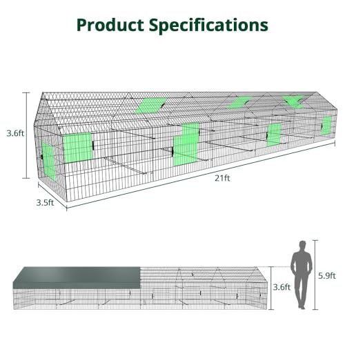 Chicken Coop, 21ft x 3.5ft Chicken Run Pen with Cover for Yard | Waterproof Sunshade Cover, Auto-lock Door, Ground Stake, Metal Portable Chicken Tractor for Poultry, Rabbits & Small Animals - size: 260.0"L x 40.0"W x 40.0"H
