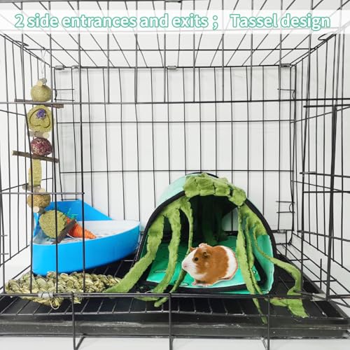 PINVNBY Guinea Pig Hideout Washable Guinea Pig Tunnel with Curtains Soft Hamster House with Cushion for Chinchillas Hedgehogs Hamster Bunny Ferrets and Rat Cage Accessories(Blue)
