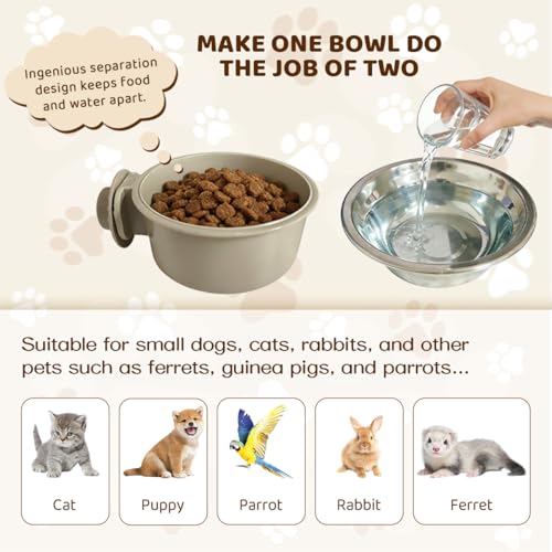 2Pcs Pets Lightweight Stainless Steel Bowl,Removable Stainless Steel Pet Hanging Food Water Feeder Bowl for Puppy Dog Cat Rabbit Ferret Bird Gunea Pigs (Gray-Large) - size: Gray-Large