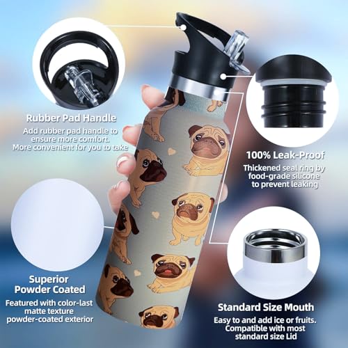 Kids Water Bottle with Straw,Dog Pug Bottle Vacuum Insulated Stainless Steel Travel Mugs Tumbler For Sport School Outdoor 20 oz - color: Blue Pug