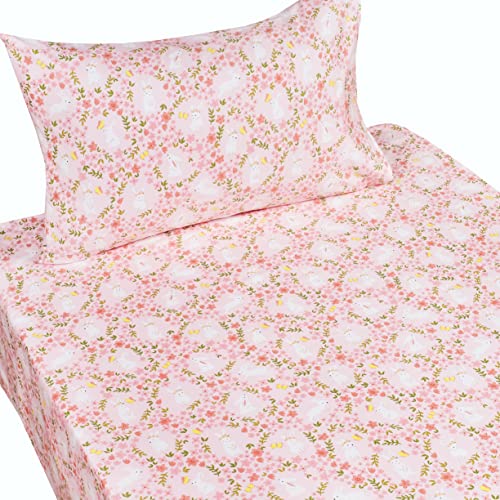 Scientific Sleep Pink Flower Rabbit Bunny 100% Cotton 3 Pcs Twin Bed Sheet Set Kids Toddler Teen, Flat Sheet & Fitted Sheet & Pillowcase Kids Bedding Set (Rabbit Flower, Twin) - color: Rabbit Flower, size: Twin