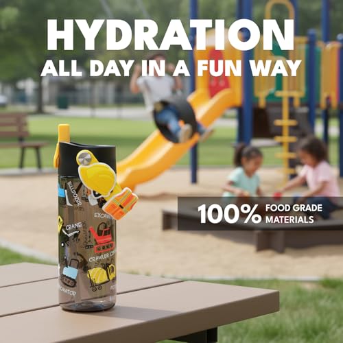 Elemental Water Bottles for Kids - Splash Kids Water Bottle for School with Fun Charm Handle - BPA Free Tritan Plastic Bottle with Straw Leak Proof When Spout is Closed - 18oz - Construction - color: Construction