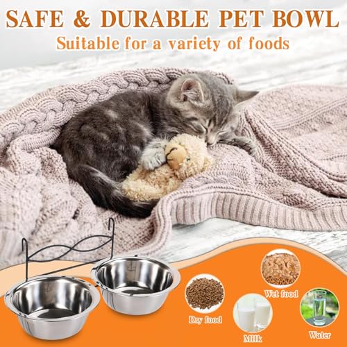 kathson Hanging Bird Bowls for Cage, 2 PCS Stainless Steel Metal Pet Food Water Dishes with Holder Feeder Cage Coop Hook Feeder Cups for Birds, Parrots, Small Sized Dogs and Cats (4.3 Inch Dia) - size: 4.3 Inch Dia