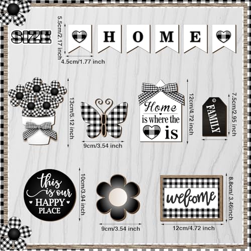 FairySandy 11 Pcs Home Tiered Tray Decor Buffalo Plaid Black White Rustic Farmhouse Tiered Tray Decorations Set Home Wooden Signs Vintage Farm Animal Tabletop Wood Signs for Kitchen Table Shelf Decor - style: Novelty