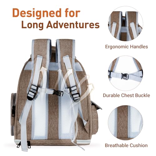 Cat Backpack Carrier Clear Bubble Window for Cats & Small Dogs up to 15 lb | Large Space Breathable Foldable Pet Carrier Airline Approved, Mesh Entry Safety Tether Washable Pad, Travel Hiking Outdoor - color: Brown