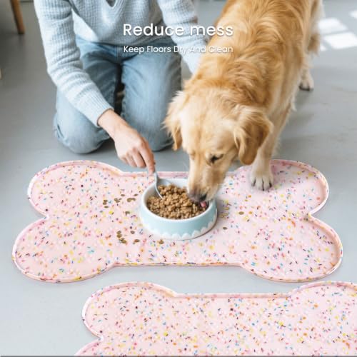 PWTAA Dog Food Mat Anti-Slip Silicone Dog Bowl Mat Thicker Pet Placemat Waterproof Cat Feeder Pad with Raised Edge Puppy Kitten Feeding Mats Suitable Small Medium-Sized Dogs Cats Eating Tray - 2PCS - color: Donut Pink, size: 19.4" x 9.8"-2PCS