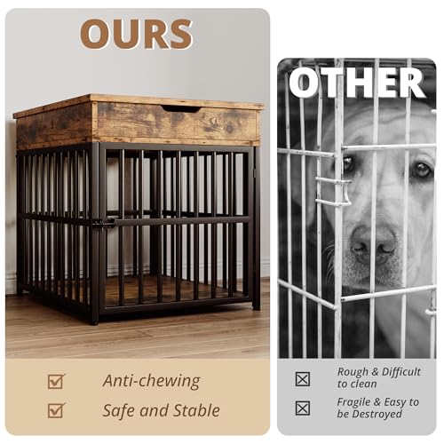 IRONCK Dog Crate Furniture for Small Dogs, Rustic Brown | Wooden Dog Kennel with Flip Top Drawer, Indoor Pet Crate End Table with Charging Station, Steel-Tube Dog Cage - color: Rustic Brown