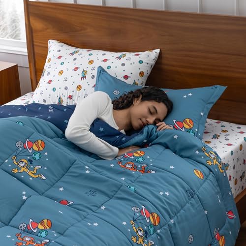 Berkshire LIG Printed Reversible Microfiber Comforter Set–7-Piece, Ultra Soft All-Season Bedding, Wrinkle & Fade Resistant, Queen, Space Explorer Smoky Blue - color: Space Explorer Smoky Blue, size: Queen