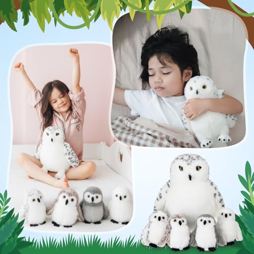 Hollowfly 5 Pcs Snowy Owls Plush Toy Gift Set 12.6" Mom Owls with 4 Cute Babies Stuffed Animal in Zippered Back Nurturing Plushes Toy Set for Kid Adults Birthday Party Favors Gifts - style: Snowy Owls