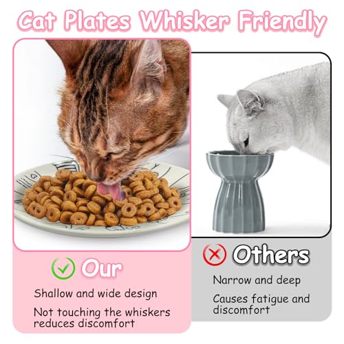 Ceramic Cat Bowl Set of 10-5.9 inch Wide & Shallow Cats Food Dish Cute Kitty Plates Relief Whisker Fatigue Small Pet Feeding Bowls for Kittens Puppy