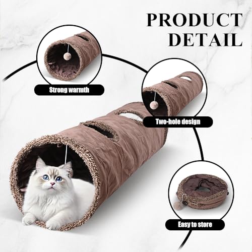 50"x 12" Collasiple Cat Play Tunnel, Interactive Cat Tubes and Tunnels for Indoor Play, Foldable Hide and Seek Toy for Cats, Rabbits, and Small Pets, Soft Brown Suede Pet Tunnel