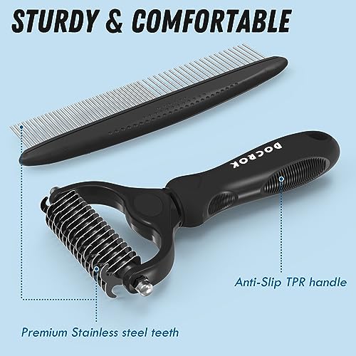 Docrok Pet Grooming Combo: Undercoat Rake, Dematting Deshedding Brush for Long-Haired Dogs and Cats, Black | Dematting Deshedding Undercoat Rake, Cat Brush Dog Brush Shedding Tool for Long Matted Haired Pets - color: Black
