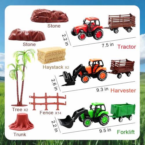 Kimicare 3 Pack Farm Toy Tractor with 40pcs Plastic Farm Animals Figurines and Fence Farm Playset, Farm Figures Farmer Vehicle Toy Truck with Trailer Birthday Gifts Christmas Stocking Stuffers - style: Farm Animals Figures