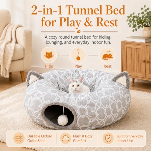 Geometric Cat Tunnel Bed Under Christmas Tree Oxford Outside with Plush Inside,Cats Toys Collapsible Tunnel Tube with Balls, for Rabbits, Kittens, Ferrets,Puppy 3FT - size: Big Tunnel Bed
