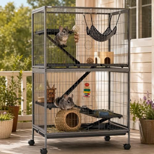 PawHut Metal Small Animal Cage, 5-Tiers Rolling Big Ferret Cage, Gray | with Hammock, Removable Tray, for Chinchilla, Sugar Glider - color: Grey, size: 31.5"L x 20.5"W x 50.5"H