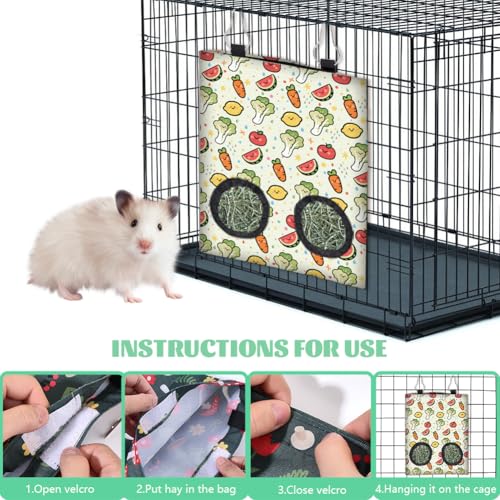 2Pcs 2 Styles Rabbit Hay Feeder Bags for Guinea Pigs Chinchillas 11.6 x 9.1 Inch Hanging Hay Bag with 2 Holes Vegetables Fruit Cloth Washable Small Animal Feeding Storage Cage Accessories - color: Vegetables