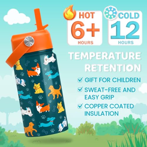 SANDJEST Puppy Water Bottle - Kids Water Bottle with Straw Lid - 12 Oz Insulated Stainless Steel Water Bottles for Kid Boys Girls - Travel Cup for School Sports - color: Puppy