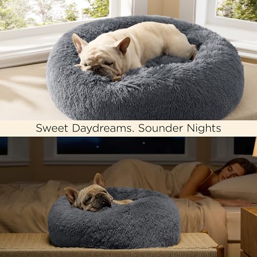 Bedsure Calming Cat Beds Donut Round Washable Kitten Bed,20 inches Dark Grey - color: Dark Grey, size: 20"L x 20"W x 6"Th