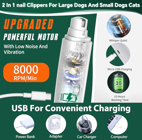 CATPICK 2-in-1 Cat Nail Clippers & Dog Nail Clippers Trimmers for Large Medium Small Dogs Cats Claw Trimmer Quick Sensor and Safety Guard USB Rechargeable with 2 LED Lights Dogs Nail Trimmer - color: White 2