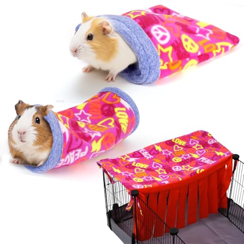 NAPLORD Small Pet Fleece Set,Guinea Pig Snuggle Sack, Tunnel,Fleece Forest Hideout,Square and Round Potty Pads for Guinea Pigs and More - color: Pink, size: 3-piece set