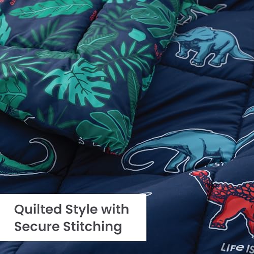 Berkshire LIG Printed Reversible Microfiber Comforter Set–7-Piece, Ultra Soft All-Season Bedding, Wrinkle & Fade Resistant, Queen, Life was Good Dinos Navy - color: Life Was Good Dinos Navy, size: Queen