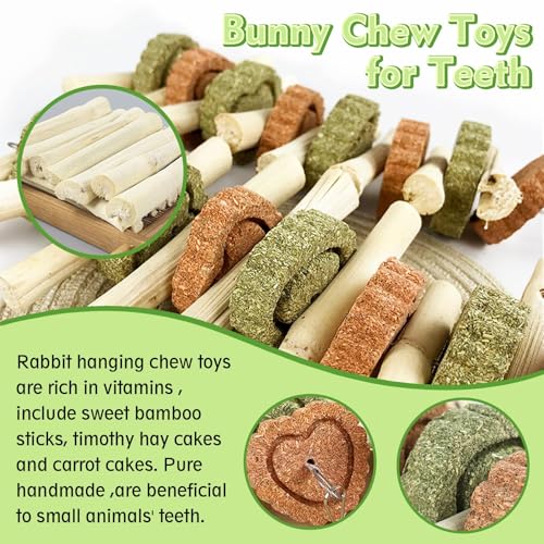 Hamiledyi 4PCS Bunny Chew Toys Rabbit Hanging Toys for Teeth Grinding Natural Apple Wood Sweet Bamboo Sticks Timothy Grass&Carrot Cake for Chewing/Improving Rodent Animals Dental Health - style: Style B