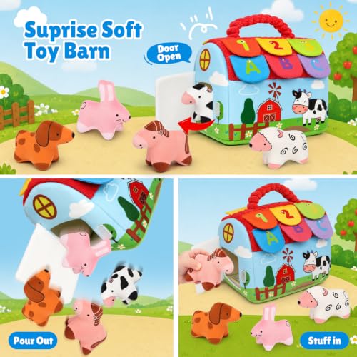 Baby Toy Barn with Plush Stuffed Farm Animals Baby Sensory Toy Tummy Time Learning Toy Soft Soothing Toys for Babies 0-36 Months Baby Shower 1st Birthday Gifts - color: Mix