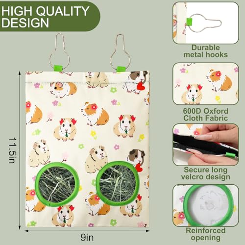JarThenaAMCS 2 Pcs Guinea Pig Hay Feeder Bag with 2 Holes Hanging Hay Feeding Bag Beige Flower Floral Storage Dispenser for Chinchilla Hamster Bunny Small Animal Pet, 11.5 x 9 Inch