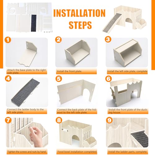 Guinea Pig Hideout House, Wooden Guinea Pig Castle with Feeding Basin, Guinea Pig Toys Accessories for Chinchilla Hamster Hedgehog Bunny