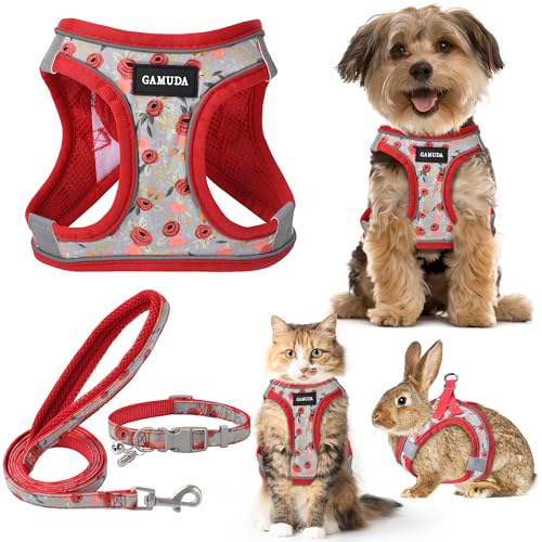 GAMUDA Small Dog Harness Collar and Leash Set, Step in No Chock No Pull Soft Mesh Adjustable Dog Vest Harnesses Plaid Reflective for Dogs Puppy Cats Kitten Rabbit (Red Flower, XS) - color: Red Flower, size: XS