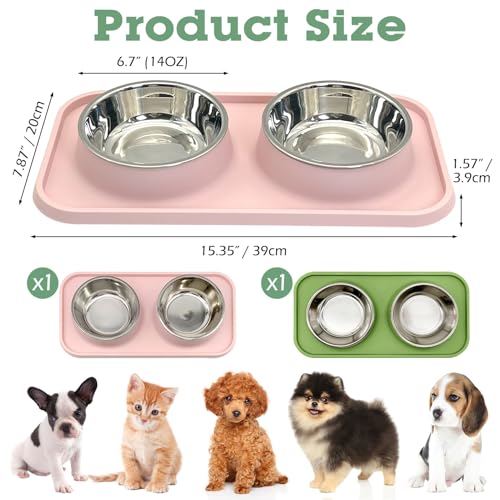 BNOSDM 2 Pcs Double Dog Food Bowls Stainless Steel Small Dog Food and Water Bowls with Non-Spill Plastic Mat Pet Cat Feeder Dish Set for Puppy Cats Kitten (Pink and Drak Green) - color: Pink+Drak Green