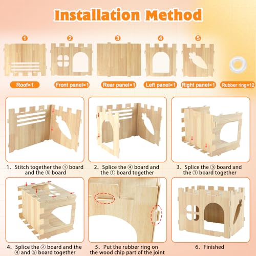 YUEPET Wooden Rabbit Castle, Bunny Castle & Detachable Rabbit House Hideout | Poplar Plywood Panels, Tool-Free Assembly, 12 Rubber Fastening Rings, Two-Level Hideout, Bunny House Indoor - size: Rabbit Castle+No Ramp