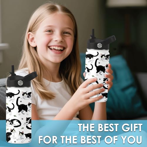 Girls Water Bottle, 16oz Black Cat Insulated Water Bottle with Straw (1pc) | BPA-Free, Leak Proof, Stainless Steel, with Handle, Kids Water Bottle for School, Boys, Travel, Cats Lovers Gifts Cup - color: Cow Cat, size: 16 Ounces