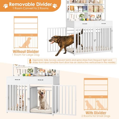 Keyluv 71''H x 47.2''W Large Dog Crate Furniture with 4-Tier Shelves and 2 Storage Drawers, Heavy Duty Dog Cage Furniture with 2 Doors, Wood & Metal Dog Kennel Indoor for Small/Medium/Large Dog, White - color: White