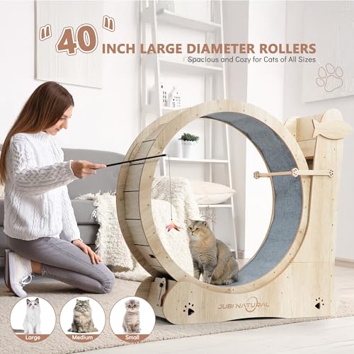 40" Cat Exercise Wheel for Indoor Cats, Low-Noise Treadmill | 4-in-1 activity center with removable carpet, safety lock, under 6 mm gap, sisal scratcher, teaser toys and storage shelf