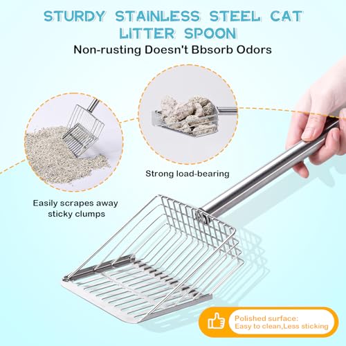 Metal Cat Litter Scoop with Holder Stainless Steel Kitten Poop Scooper, 17.5" Heavy Duty Pet Poop Sifter for Cat Box, Long Handle Large Waste Shovel, Fast Sifting Big Clumps, Solid & Durable - size: stainless steel