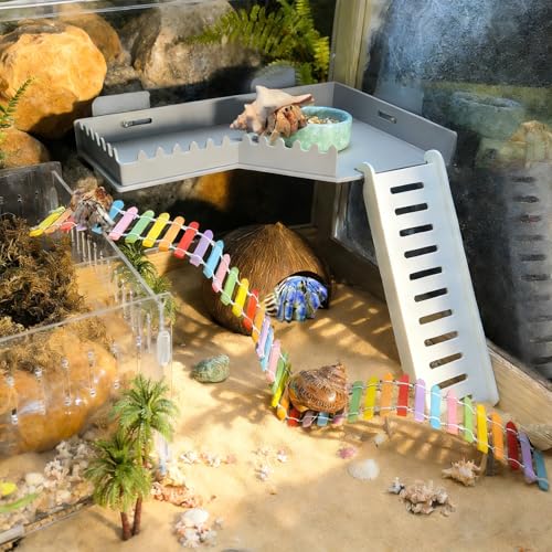 Hamiledyi Hermit Crab Platform with Ladder Climbing Toys Hermit Crab Climbing Wall Shelf Habitat Reptile Tank Decor Terrarium Accessories for Leopard Gecko Frog Turtle - color: Grey