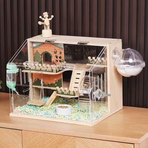 11 in 1 Wooden Hamster Cage with All Accessories, 15.8 Inch 3-Layer Dwarf Hamster Cage Acrylic,Small Animal Cages, Pastoral Style Mouse Cage for Pet Mice, Hedgehog, with Stairs, Fences and Swing - size: 15.8"L x 11.5"W x 11.8"H
