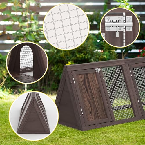 Rabbit Hutch, Small A-Frame Chicken Coop w/ 2 Door & Run Cage(Brown) | Outdoor Wooden Triangle Quail Hutch w/ Ventilating Wire Poultry Hutch for Small Animal Quail Cage Backyard - color: Brown