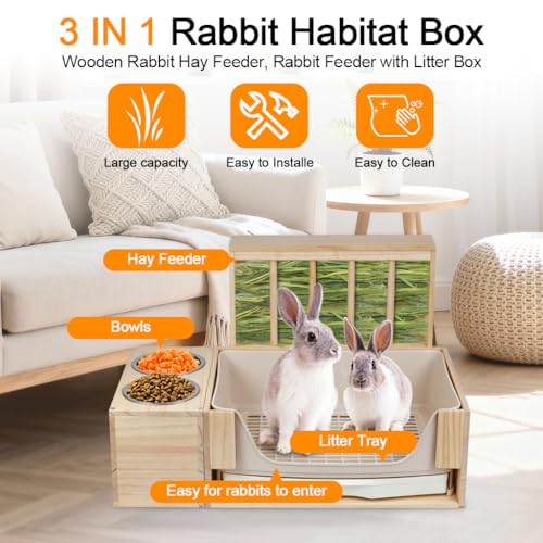 3-in-1 Rabbit Hay Feeder with Covered Hay Rack & Litter Box Drawer(Style 3) | rabbit feeder set with covered hay storage and pull-out litter drawer. Reduces hay mess and keeps small pets' areas clean