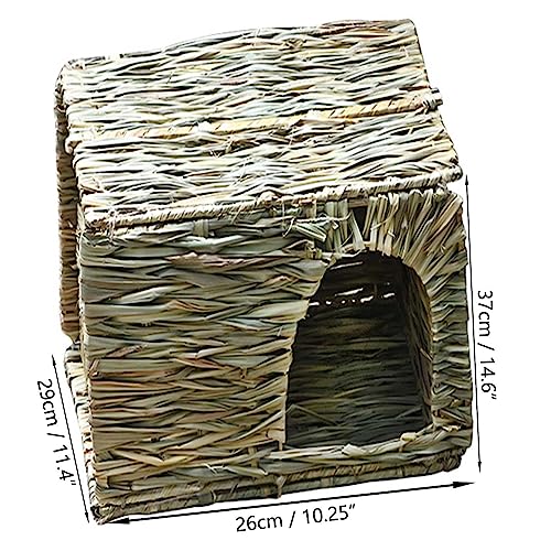 Foldable Grass Woven Animal Hut Bunny House Play Hideaway Bed Mat Chew Toy for Rabbit Guinea Pigs Gerbils Hamster (14.5"x11"x10") - size: 14.5"x11"x10"