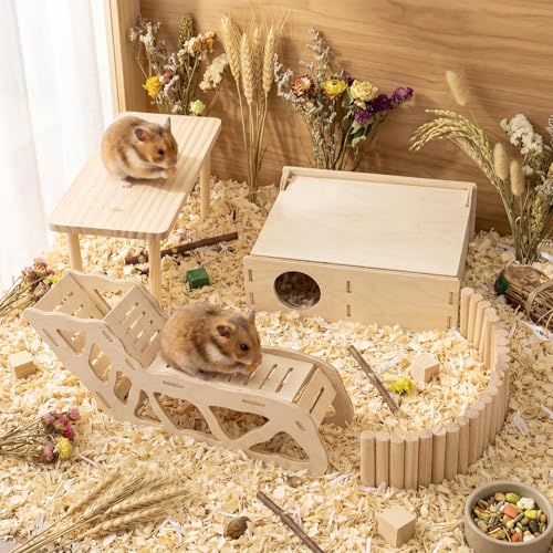 BreezeHug 4 Pcs Hamster Cage Accessories Hamster Platform Hideout Wooden Tunnel Ladder Playhouse Game Climbing Toy with Platform for Pets Dwarf Syrian Mice Degus Gerbils Squirrel(Enclosure) - style: Enclosure
