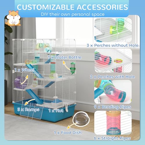 PawHut Large Hamster Cage 6 Tier, 32" DIY, Dwarf & Gerbil, Light Blue | Small Animal Cage, Tubes and Tunnels, Hut, Wheel, Food Dish, Water Bottle, Ramps