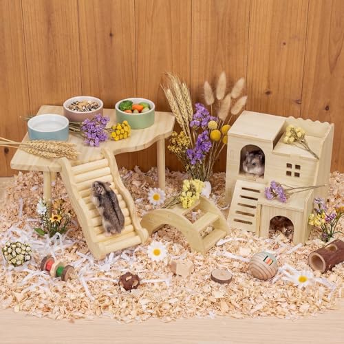 BreezeHug 4 Pcs Hamster Cage Accessories Hamster Platform Hideout Wooden Tunnel Ladder Playhouse Game Climbing Toy with Platform for Pets Dwarf Syrian Mice Degus Gerbils Squirrel(Villa) - style: Villa