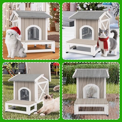 Insulated Outdoor Cat House Weatherproof Feral Cat Shelter for Winter Outside Cat Houses for 1-2 Cats Indoor Pets Condo with Waterproof Roof & Escape Door, 6.3" Raised Base & Balcony - style: 30"L Insulated Small Cathouse