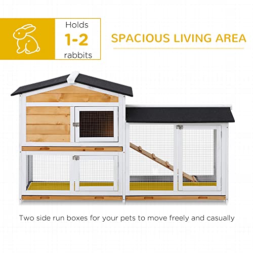 PawHut 62" Rabbit Hutch, Wooden Bunny Hutch, Guinea Pig Cage, Small Animal Enclosure with Run Area, Removable Tray, Asphalt Roof, Lockable Doors and Ramp, Nature Wood | Wooden Bunny Hutch, Guinea Pig Cage, Small Animal Enclosure, Removable Tray, Asphalt R