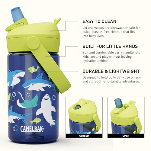 CamelBak Thrive Flip Straw Kids Water Bottle with Bite Valve, Tritan Renew Design for School and Travel, 14oz, Sharks and Rays - color: Sharks and Rays